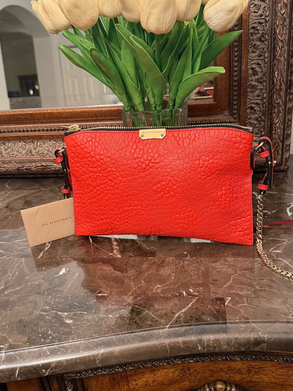 Burberry Chichester Crossbody Shoulder Bag Orange Leather  Gold Logo Chain - Picture 7 of 14